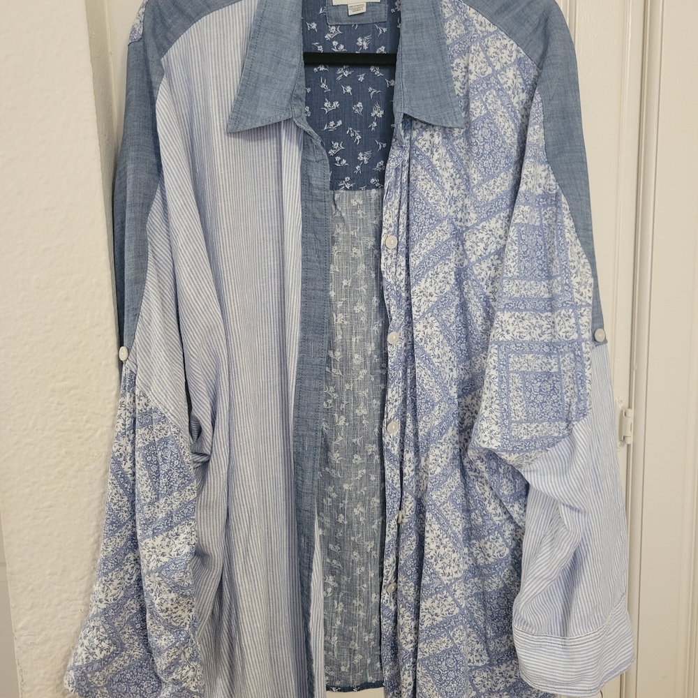American Eagle Outfitters Oversized Boho Patchwork Button Up Beach Shirt